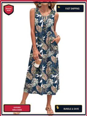 Sleeveless Maxi Sundress with Pockets, Lightweight Polyester Blend, Casual